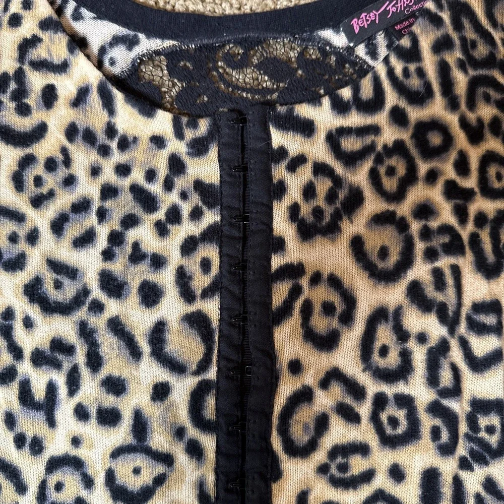 Betsey Johnson Medium Brown Black Leopard Print Sweater Tunic Lace Back Y2K 90s